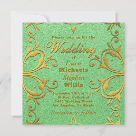 クラシーラグジュアリーエレガント金ゴールドアンドグリーンカスタム 招待状 (正面)