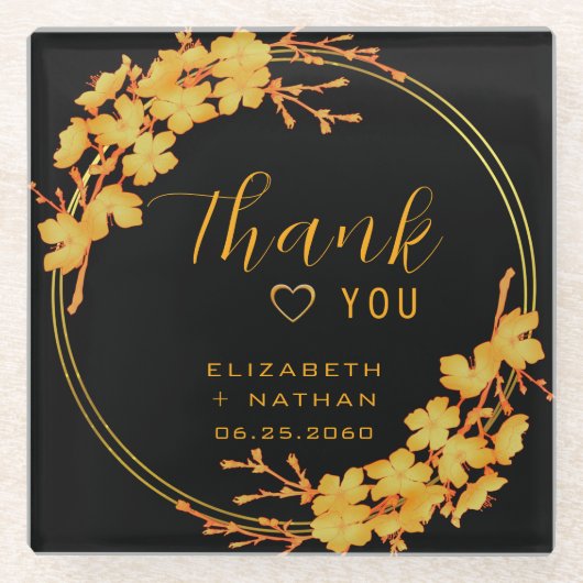 クラシーラグジュアリーブラック金ゴールドフローラ結婚ズサンキューレ ガラスコースター (正面)