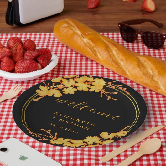 クラシーラグジュアリーブラック&金ゴールドフローラウェルカム ペーパープレート (ピクニック)