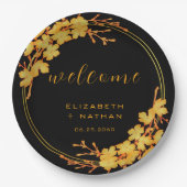 クラシーラグジュアリーブラック&金ゴールドフローラウェルカム ペーパープレート (正面)