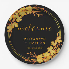 クラシーラグジュアリーブラック&金ゴールドフローラウェルカム ペーパープレート