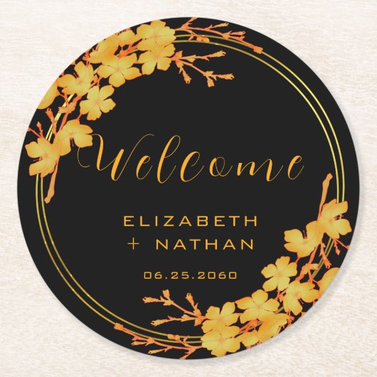 クラシーラグジュアリーブラック&金ゴールドフローラ結婚ズウェルカム ラウンドペーパーコースター (正面)
