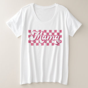 クラシーレトロママピンク市松模様にク プラスサイズTシャツ