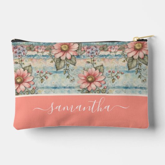 クラシーヴィンテージフローラルパターンピーチ名前をカスタムする アクセサリーポーチ (裏面)