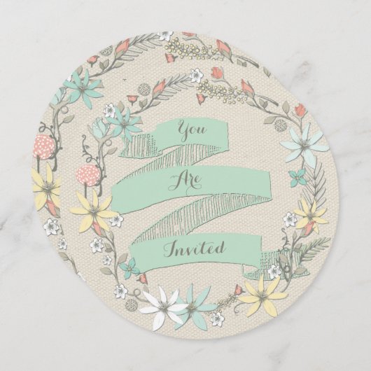 クラシー結婚のフローラリースとバナー 招待状 (正面/裏面)