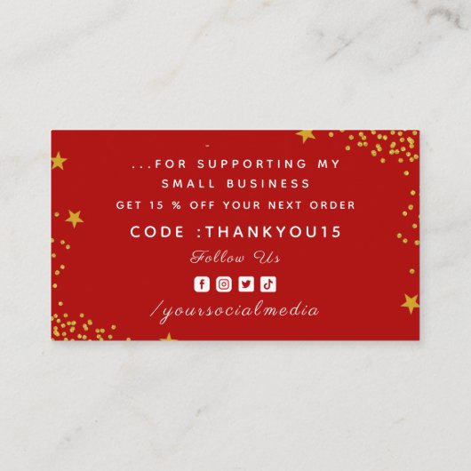 クラシー&ラグジュアリー赤金ゴールドグリッタースターサンキュー 名刺 (裏面)