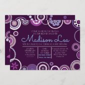 クラジー水玉模様バルミツワー招待状パープル 招待状 (正面/裏面)