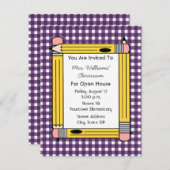 クラスのオープンハウス: 黄色い鉛筆、紫色のギンガム 招待状 (正面/裏面)