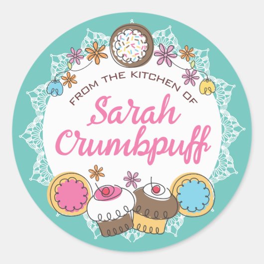 クラスのキッチンからクッキーのカップケーキをドードル ラウンドシール (正面)