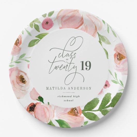 クラスの赤面フローラ水の色の卒業 ペーパープレート (正面)