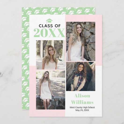 クラスの2023 4枚の写真赤面、ミント卒業 案内状 (正面/裏面)