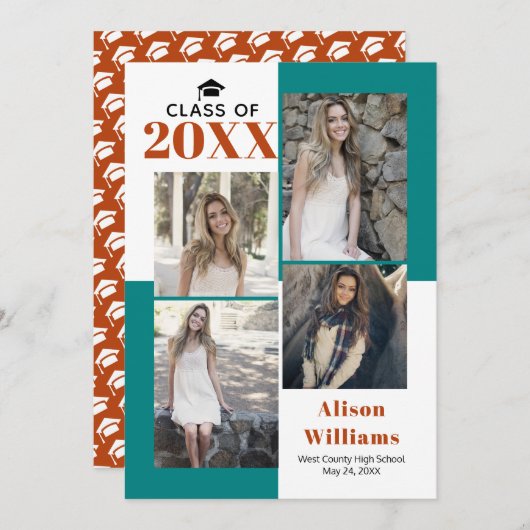 クラスの2025の4つの写真ティール（緑がかった色）、錆の卒業 案内状 (正面/裏面)