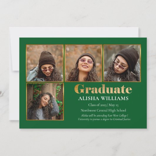 クラスエレガント金ゴールド文字院卒業4写真アナウンス 案内状 (正面)