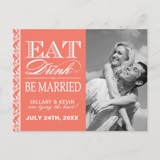 クラスコーラルダマスク日付を保存 案内ポストカード (正面)