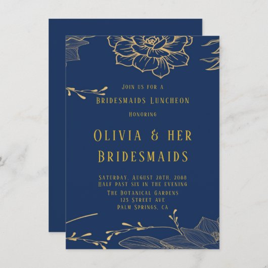 クラスニーネイビーブルー金ゴールドレイチェルBridesmaids Lunchon 招待状 (正面/裏面)
