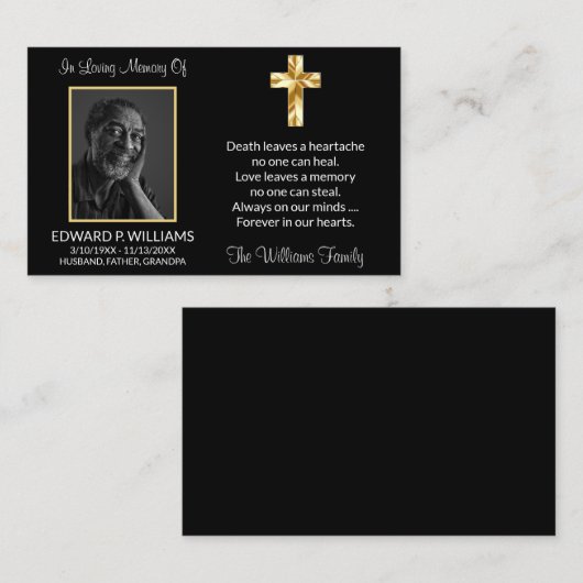 クラスブラック金ゴールドクロス記念写真祈りの言葉カード 名刺 (正面/裏面)