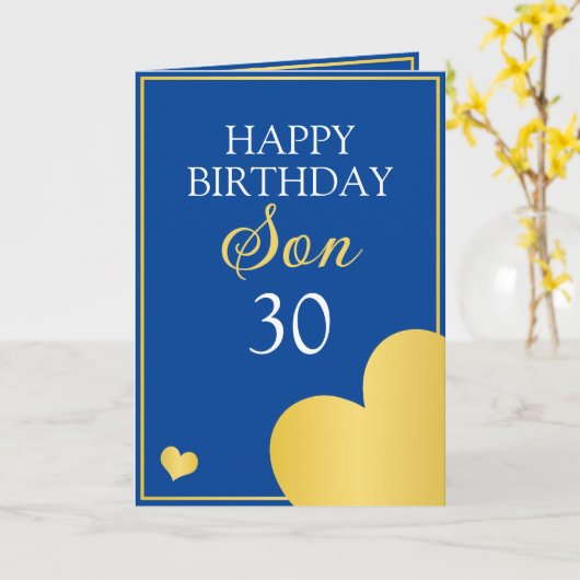 クラスブルーと金ゴールドハートの息子30th誕生日 カード (黄色い花)