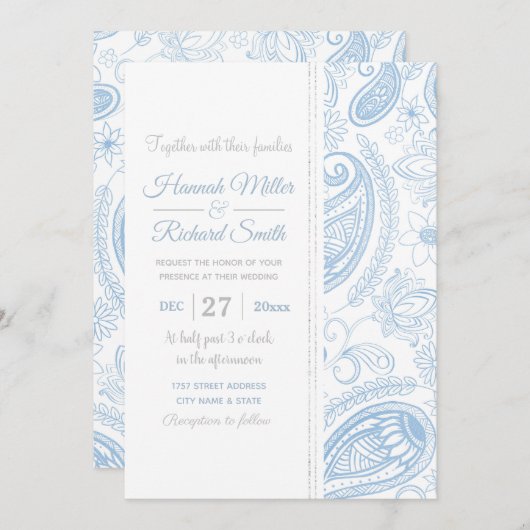 クラスブルーグリッターペイズリーフローラホワイトパターン 招待状 (正面/裏面)