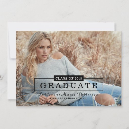 クラスモダンタイポグラフィ写真卒業 |黒 招待状 (正面)