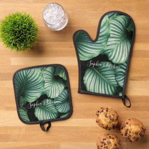 クラスラージリーフデザイン、名前または文字 鍋つかみ&鍋敷きセット