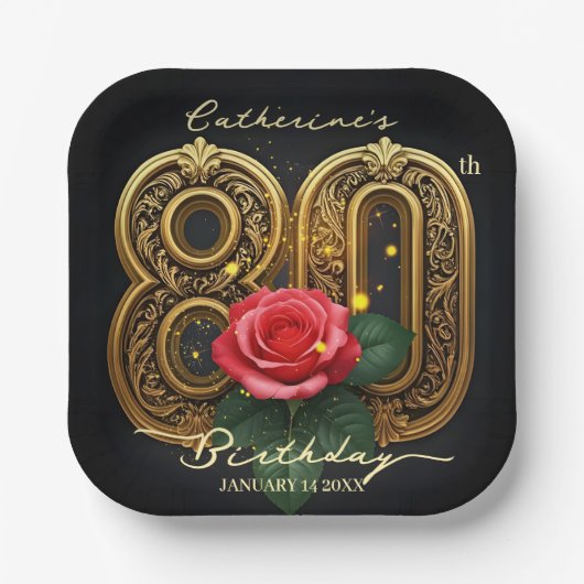 クラスリーレッドローズと金ゴールドフィリーグリー80誕生日 ペーパープレート (正面)