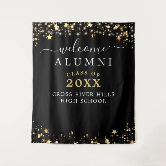 クラス会へようこそ ブラックゴールドの星のコンフェッティ タペストリー (正面)