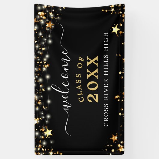 クラス懇親会ウェルカムブラック金ゴールドスターライト 横断幕 (縦)