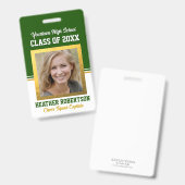 クラス懇親会グリーンと金ゴールドフォトIDバッジ バッジ (正面＆裏面)