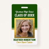 クラス懇親会グリーンと金ゴールドフォトIDバッジ バッジ (正面)