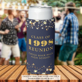 クラス懇親会ネイビーブルー金ゴールドスターズパーソナライズされた スリム缶クーラー