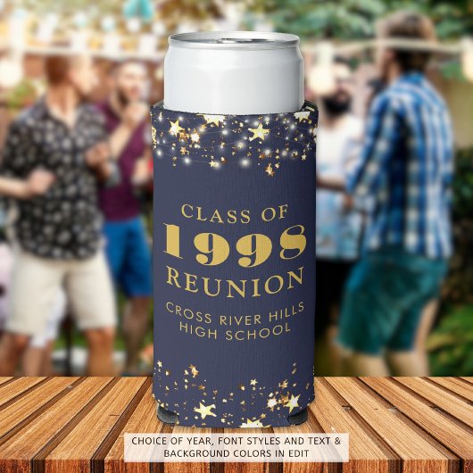 クラス懇親会ネイビーブルー金ゴールドスターズパーソナライズされた スリム缶クーラー