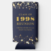 クラス懇親会ネイビーブルー金ゴールドスターズパーソナライズされた スリム缶クーラー (裏面)