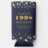 クラス懇親会ネイビーブルー金ゴールドスターズパーソナライズされた スリム缶クーラー (正面)