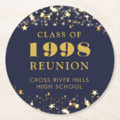 クラス懇親会ネイビーブルー金ゴールドスターズライト ラウンドペーパーコースター (正面)