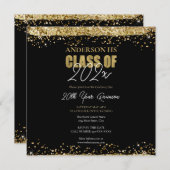クラス懇親会ブラックと金ゴールドグリッター 招待状 (正面/裏面)