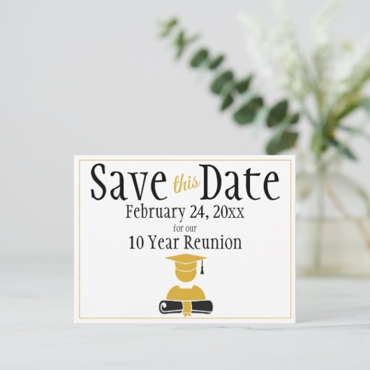 クラス懇親会日付のミニマリスト黒金ゴールドの保存 ポストカード (スタンド正面)