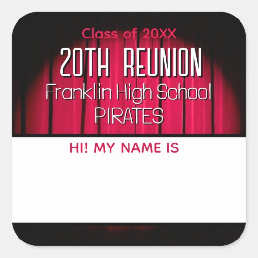 クラス懇親会赤と黒の名前タグステッカー スクエアシール (正面)