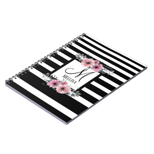 クラス白黒ストライプフローラモノグラム名 ノートブック (左側)
