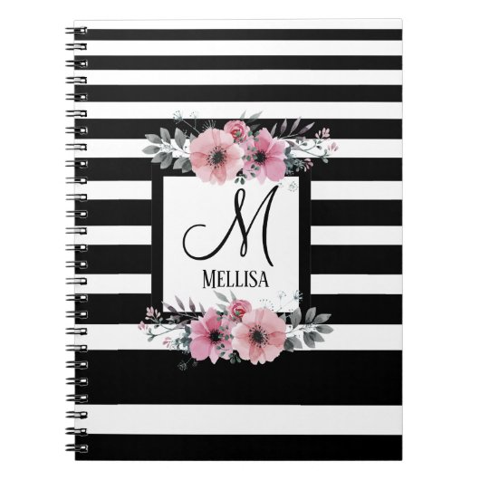 クラス白黒ストライプフローラモノグラム名 ノートブック (正面)