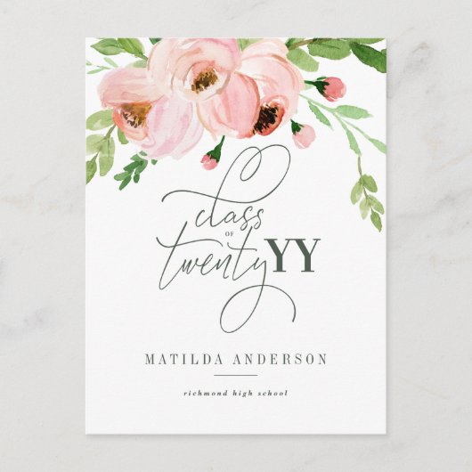クラス赤面フローラ水色卒業招待状 シーズンポストカード (正面)