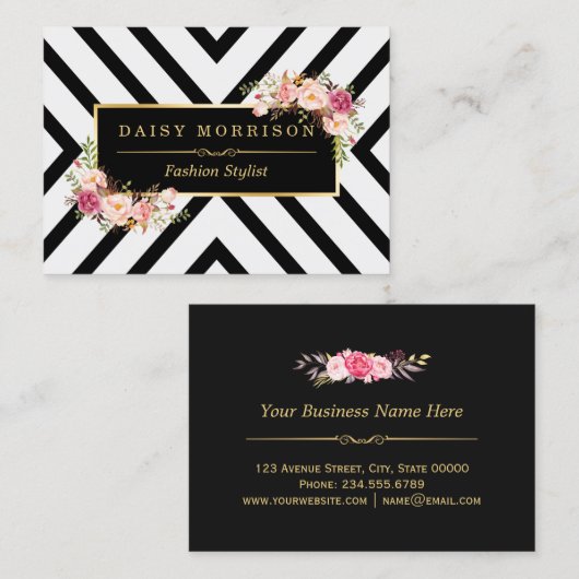 クラス金ゴールドヴィンテージフローラストライプ白黒 名刺 (正面/裏面)