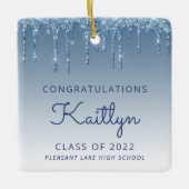 クラス2022ブルーグリッタードリップ写真卒業 セラミックオーナメント (正面)