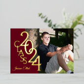 クラス2024写真卒業ブルゴーニュと金ゴールド 箔招待状 (立ち正面)