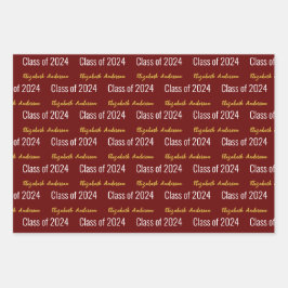 クラス2024 Gradsフルネーム暗赤色ホワイト金ゴールド ラッピングペーパーシート