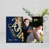 クラス2024 Photo Graduation海軍と金ゴールド 箔招待状 (立ち正面)