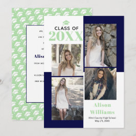 クラス2025の4つの写真ネイビー、ミント卒業 案内状