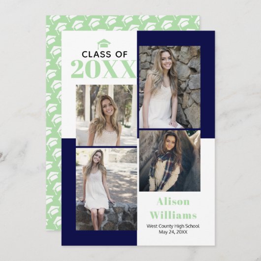 クラス2025の4つの写真ネイビー、ミント卒業 案内状 (正面/裏面)