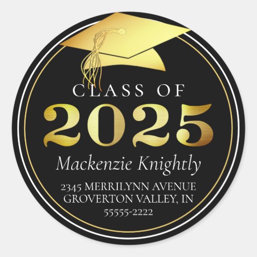 クラス2025黒エレガント金ゴールド差出人住所 ラウンドシール (正面)