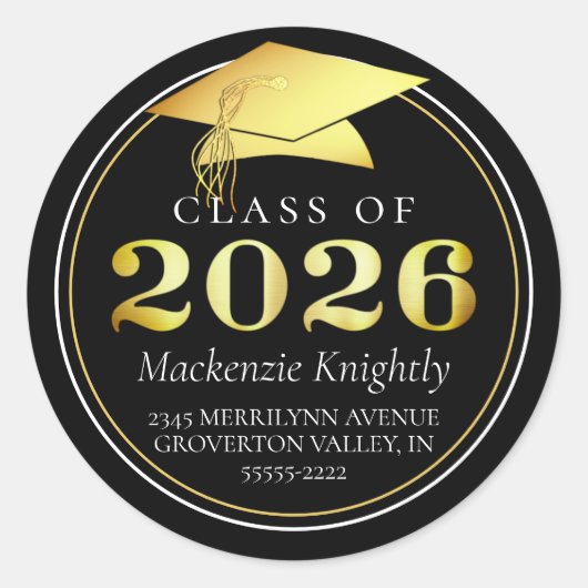 クラス2025黒エレガント金ゴールド差出人住所 ラウンドシール (正面)