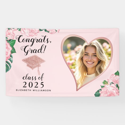 クラス2025 Gradフォト赤面ピンクフローラ卒業 横断幕 (横)